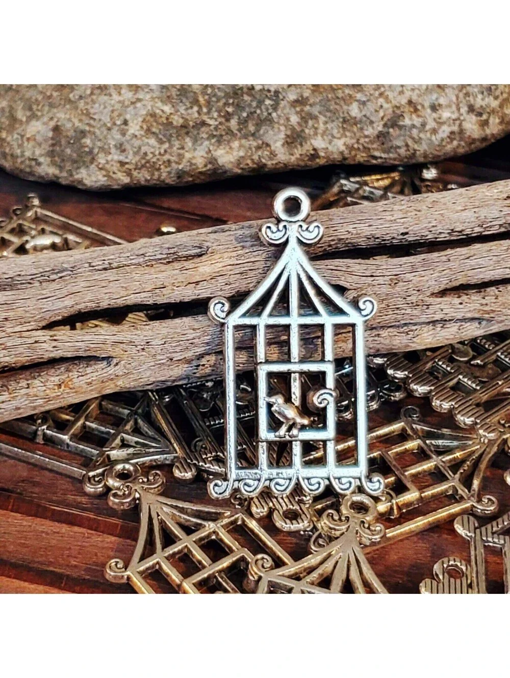 Antique Silver Pewter Art Deco Nouveau Bird & Cage Pendants 29x18mm 10 pcs